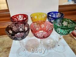 Bohemian / Czech Set of 6 Hand Cut Crystal Color Glasses 6 1/2 X 4