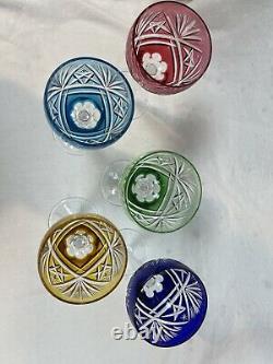 Bohemian Glass Cut to Clear Crystal Wine Glasses Goblets Set of 5 Colorful