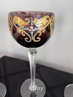 Bohemian Murano Wine Glasses Handpainted Heavy Gold Set Of 4