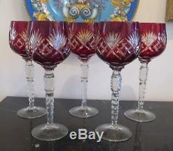 Bohemian Ruby Cut To Clear Wine Hocks Glasses Stems Set Of 5