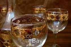 CULVER LTD Decanter & Wine Glasses Set of 6 Valencia Mid Century 22k Gold