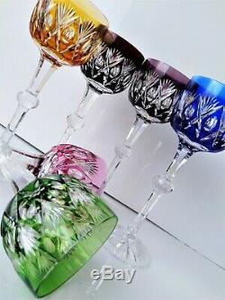 CZECH BOHEMIAN Wine Goblets set of 6 Multi-Color Cut to Clear Crystal Beautiful