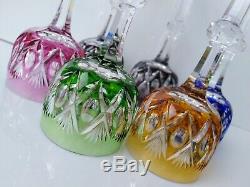 CZECH BOHEMIAN Wine Goblets set of 6 Multi-Color Cut to Clear Crystal Beautiful