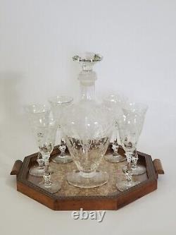 Cambridge Rose Point Etched Crystal Glasses & Decanter Set