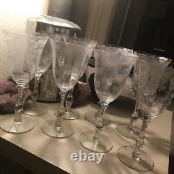 Cambridge set of 8 Rose point clear wine glasses water goblets etches rose cameo