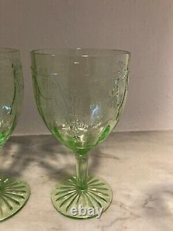 Cameo Ballerina Green Glass Water Wine Goblet Uranium Hocking 5 3/4 stem Set 4