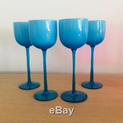 Carlo Moretti Set Of 4 Wine Goblets In Teal Blue/white Murano Italy