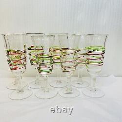 Champagne Flutes Wine Glasses Handblown with Red Green Christmas Swirls Set of 8