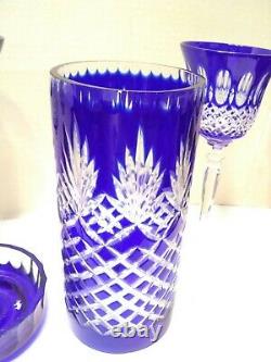 Cobalt Blue Cut To Clear Crystal Hurricane & 4 Wine Glass Set