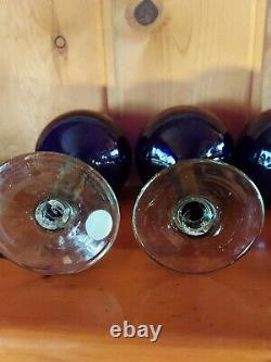 Cobalt Blue Mouth Blown Set of 4 Thick Heavy Wine Glasses Souffle A la Bouche