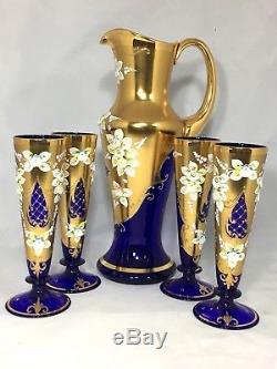Cobalt blue withgold wine, liquor drink set, pitcher & 4 goblets Czech Bohemian