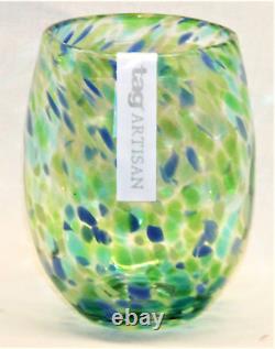 Confetti Stemless Wine Glass Green Blue Multi Set of 6 TAG FREE SHIPPING