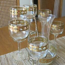 Culver Valencia Glassware Gold Band Decanter Wine Glass & Holder Set Mid Century