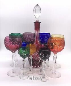 Czech Bohemian Cut to Clear Multi-Colored Wine Decanter & 12 Goblets Glasses Set