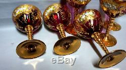Czech Bohemian Moser Glass Set of 6 Cranberry Wine Glasses Gold Plated 6