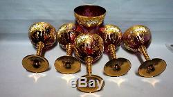 Czech Bohemian Moser Glass Set of 6 Cranberry Wine Glasses Gold Plated 6