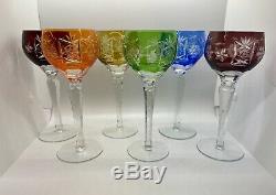 Czech Multi Color Cut To Clear Bohemian Glass 8 1/4 Wine Glasses Set of 6