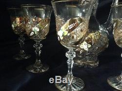 Czech bohemia crystal cut glass Wine set 6+1 decorated with gold 6x17cm + 1x