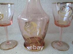 DECANTER SET with 3 Wine Glasses Goblets Pink Rose Gold Trim Depression Vintage