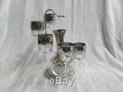 Dorothy Thorpe Silver Carrier Stand Serving Carafe & 6 wine glasses MCM Bar Set