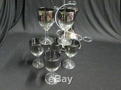 Dorothy Thorpe Silver Carrier Stand Serving Carafe & 6 wine glasses MCM Bar Set