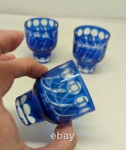 Edo Kiriko Japanese Hand Cut Faceted Blue Overlay Sake Wine Shot Glass Set of 4