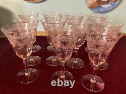 Elegant wine glasses light pink 7etched set of 11 Tiffin