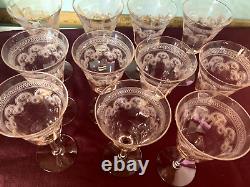 Elegant wine glasses light pink 7etched set of 11 Tiffin