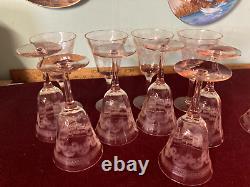 Elegant wine glasses light pink 7etched set of 11 Tiffin