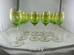 FINE FRENCH Baccarat GREEN GLASS SET OF 13 WINE GOBLET w GOLD, Recamier PATTERN
