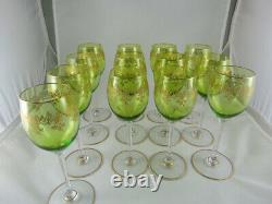 FINE FRENCH Baccarat GREEN GLASS SET OF 13 WINE GOBLET w GOLD, Recamier PATTERN
