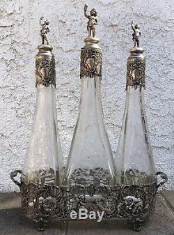 Fine 800 Silver German 3 Engraved Glass Decanter Cherub Liqueur Wine Bottle Set