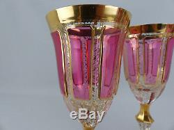 Fine Moser Bohemian Cut Cranberry Cabochon Gilt Decorated Wine Glass Set of Four