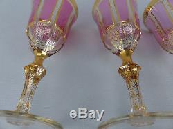 Fine Moser Bohemian Cut Cranberry Cabochon Gilt Decorated Wine Glass Set of Four