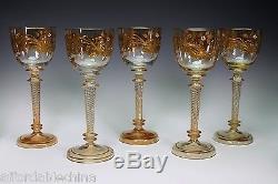 German Glass Fritz Heckert Signed Twist Stem Gold Enameled Set of 5 Wine Stems