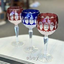 Godinger Edinburgh Cut to Clear Blue & Red Ruby Crystal Hock Wine Glasses Set 3