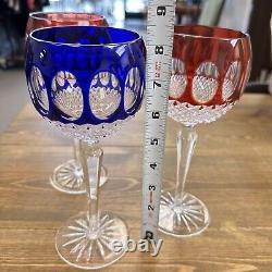Godinger Edinburgh Cut to Clear Blue & Red Ruby Crystal Hock Wine Glasses Set 3
