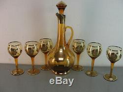 Gold Rose Gilded Amber Czech Crystal Art Glass Decanter Red Wine Set Vintage