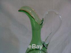 Green Glass Decanter Set Carafe & 6 Wine Glasses Gold Trim. Made In Italy