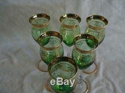 Green Glass Decanter Set Carafe & 6 Wine Glasses Gold Trim. Made In Italy