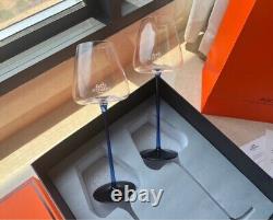 Hermes Crystal Tall Wine Glasses Blue Wine Stem 2pcs Gift Set