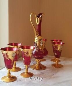 ITALIAN MURANO GLASS Decanter Set With Six 24 Gold Leaf Red Wine Glasses