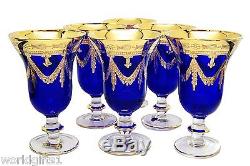 Interglass Italy Set of 6 Crystal Navy Blue Wine Glass Goblet 24K Gold 10 oz