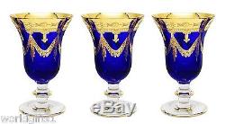 Interglass Italy Set of 6 Crystal Navy Blue Wine Glass Goblet 24K Gold 10 oz