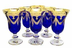 Interglass Italy Set of 6 Glasses Royal Blue Crystal Wine Goblets, 24K Gold