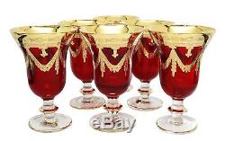 Interglass Italy Set of 6 Glasses Royal Red Crystal Wine Goblets, 24K Gold