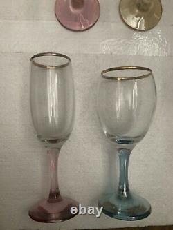 Italian Champagne Flutes and Wine Glasses. Colored Base, Gold Gilt. Set Of 12