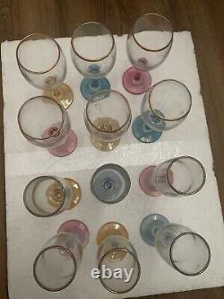 Italian Champagne Flutes and Wine Glasses. Colored Base, Gold Gilt. Set Of 12