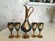 Italian Glass Decanter Set With Four Wine Glasses 24K Gold Leaf Blue