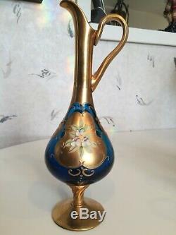 Italian Glass Decanter Set With Four Wine Glasses 24K Gold Leaf Blue